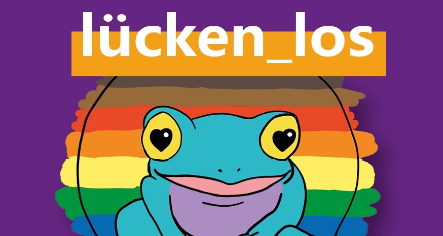 Logo von lücken_los. Im vordergrund ist ein lila-türkisener Frosch. Hinter dem Frosch diend die Farben des Regenbogens in Horizontalen Linien zu sehen.